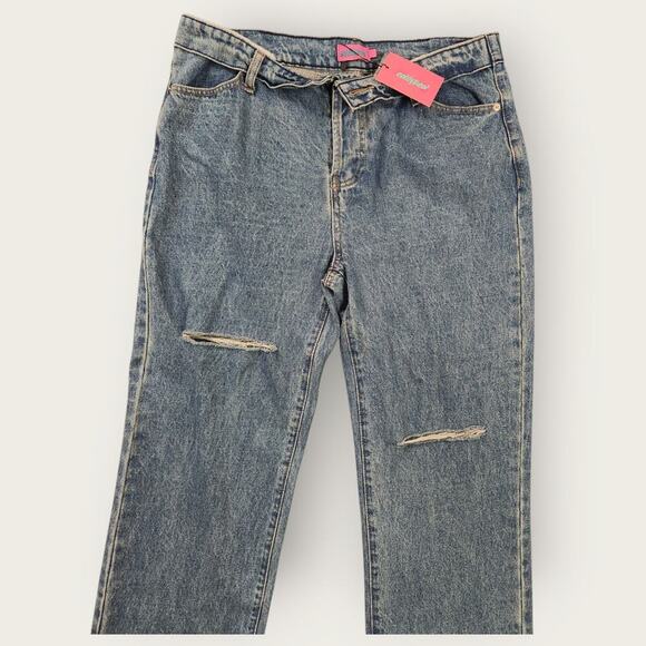 Edikted Jeans Women's Size L Blue Raquel Folded Distressed Straight Mid-Rise NWT - Picture 4 of 9